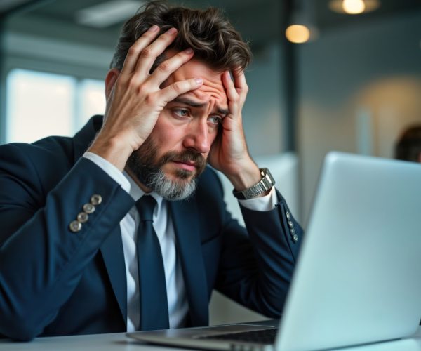 Stressed middle-aged Caucasian businessman struggles with computer problem. Looks upset, frustrated. Holds head in hands, probably due to headache tech issues working on laptop in office. Appears